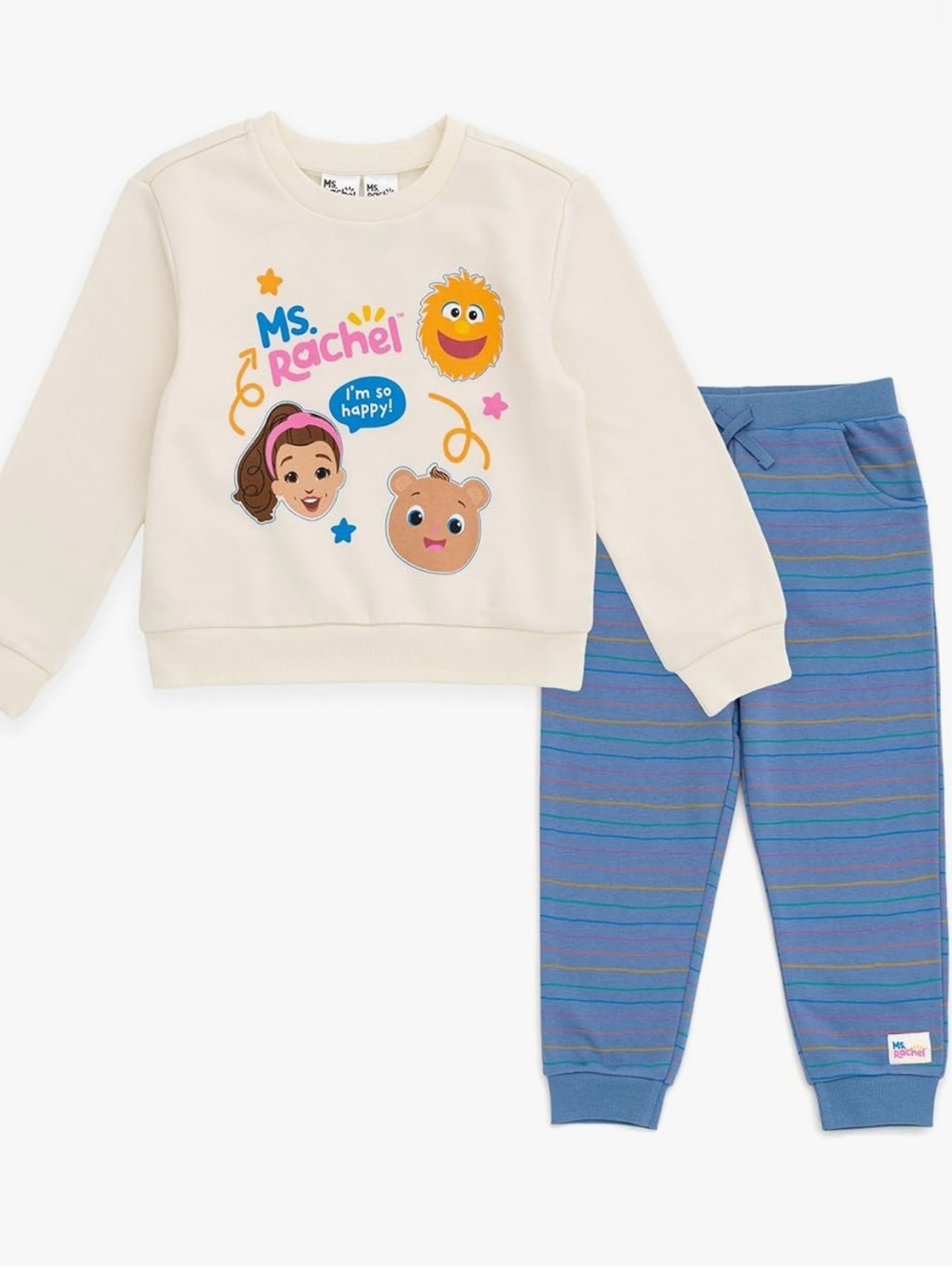 Ms.Rachel Cream "Ms. Rachel" Graphic Sweatshirt & Blue Striped Joggers Set